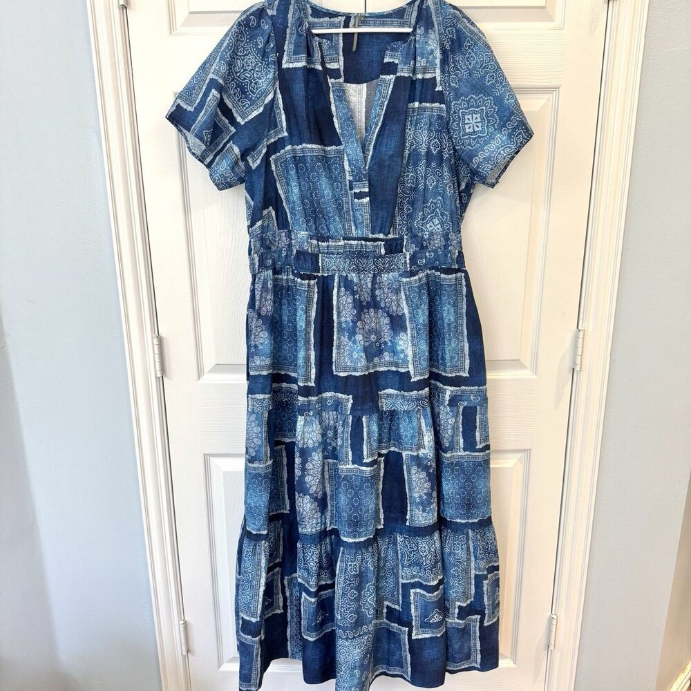 Anthropologie Blue Patchwork Bandana Paisley Maxi Dress Women's 2X Boho - Picture 2 of 6